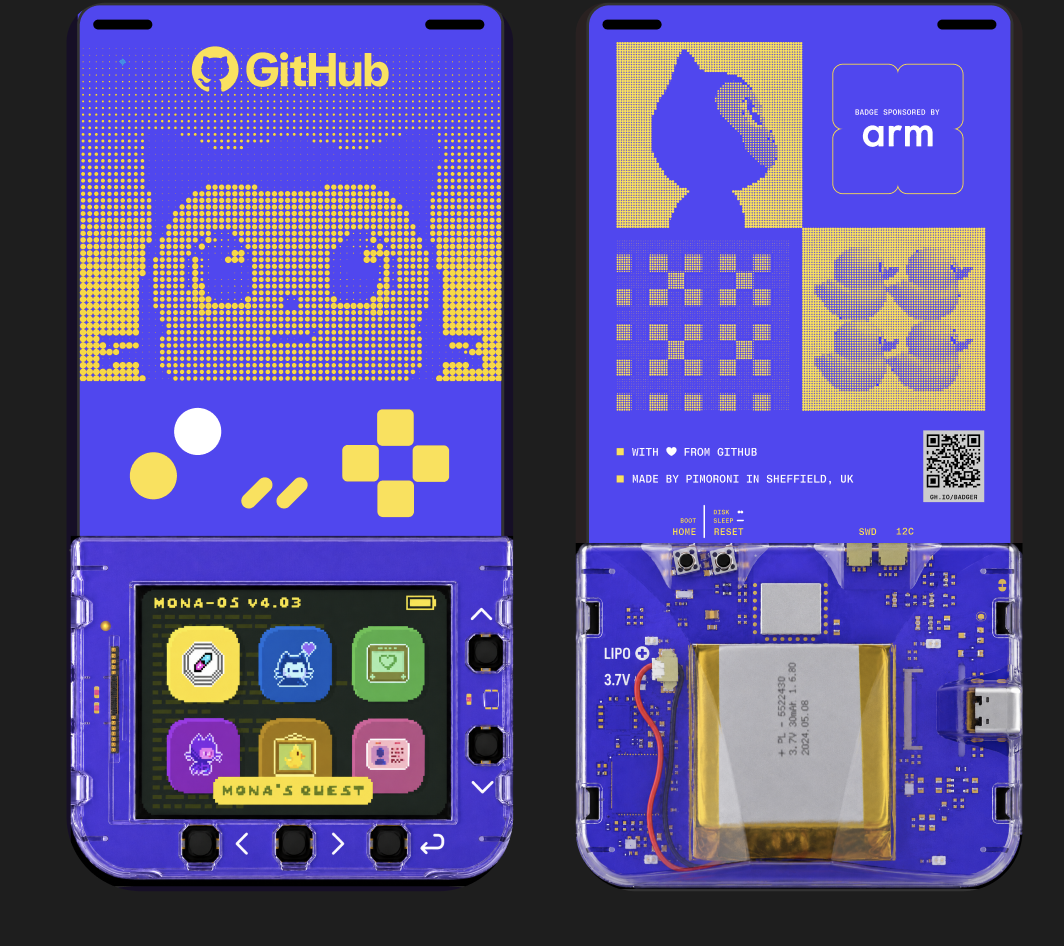 Front and back of the purple-and-gold Badger badge. The front shows its display and buttons; the back shows the circuit board, battery, and ports.